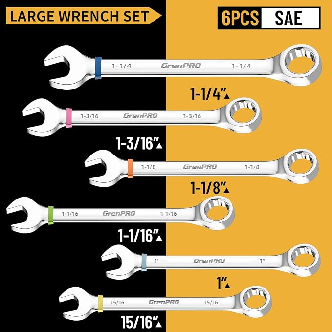GRENPRO 7PC SAE Large Combination Wrench Set 15/16" To1-1/4 With Color Ring | Long Standard Allen Key Set With Color Coding, Flat & Ball Tip Bit, DIY Assembly & Home Bicycle Repair, Corrosion Resistant