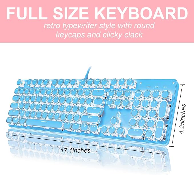 YSCP Typewriter Style Mechanical Gaming Keyboard White Backlit Wired with Blue Switch Retro Round Keycap 104 Keys Keyboard (Blue)