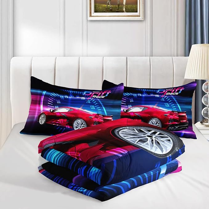 Axolotl Race Car Bedding Set King Size,Boys Extreme Sports Comforter for Kids Boys,3D Car Comforter,Cool Speed Racing Bedding,Race Sports Quilt Set 1 Duvet with 2 Pillowcases,All Season