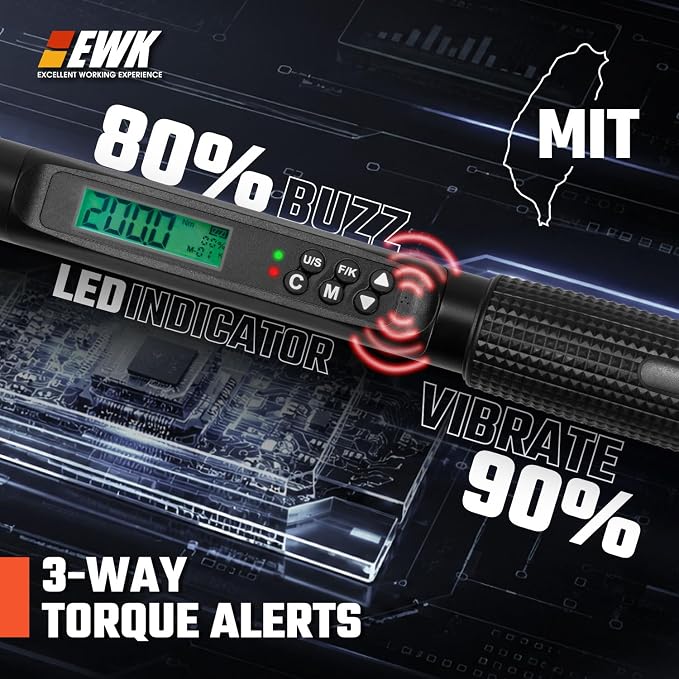1/2" Drive Digital Torque Wrench 12.5-250 ft-lbs (17-340 Nm), High-Precision and Easy-to-Read, ±1.5% Accuracy for Car, Truck, Motorcycle & DIY Repairs | ISO 6789, ±1.5% clockwise / ±2.5% counterclockwise, LCD Display, LED Buzzer Vibration Alert, 30 Mem...