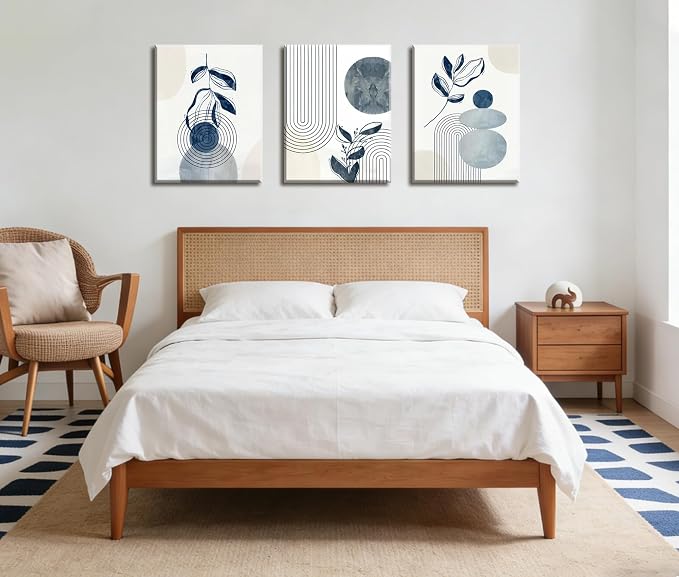 Frimeeme Blue Bohemain Framed Canvas Wall Art Set of 3,Abstract Geometric Line Wall Painting for Bedroom Bathroom, 12"x16" Inches,Framed