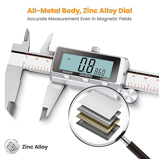 HARDELL Digital Caliper, Rechargeable Caliper Measuring Tool with Backlight LCD Screen, All Metal Calipers, Auto-Off Digital Micrometer, Inch/MM/Fraction for Household/3D-Printing-Rechargeable 6 Inch