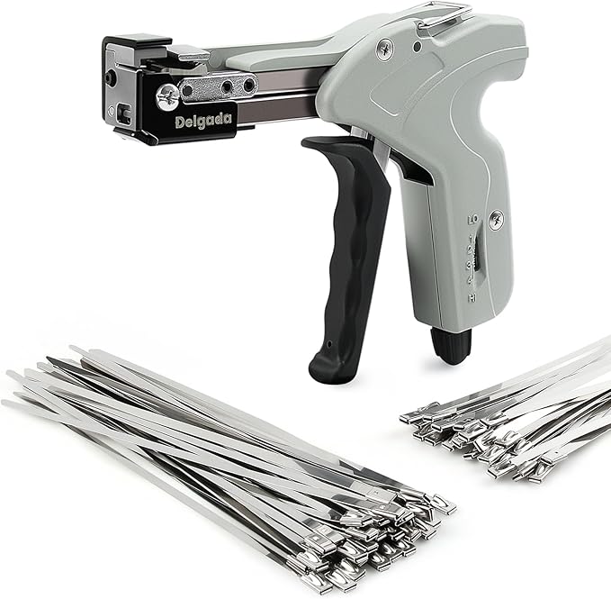 Delgada Stainless Steel Cable Tie Gun Kit with 100PCS Self-Locking Metal Zip Ties Outdoor Heavy Duty Fastening Zip Tie Tightening Tool for Chain Link Fence Pipes