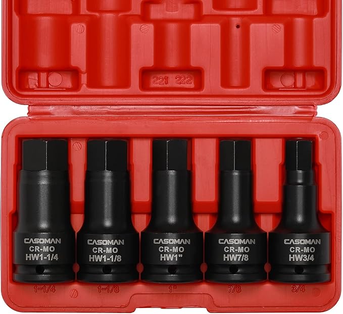 CASOMAN 3/4 Inch Drive Impact Hex Driver Set, 5-Pieces, SAE, 3/4", 7/8", 1", 1-1/8", 1-1/4", 3/4" Drive Master Impact Hex Bit Set, CR-MO, Impact Grade, One-Piece Construction