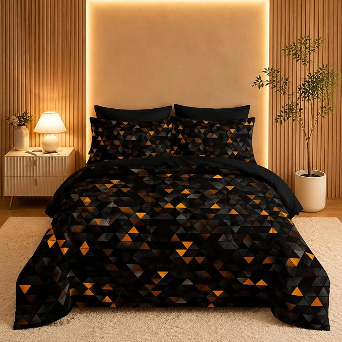 Nttopship Geometric Yellow Black Triangle Full Size Comforter Set,Light Honeycomb Bedding Set 7 Piece in A Bag,Bed Sheet Set Geometry Decor,Microfiber Lightweight All Season