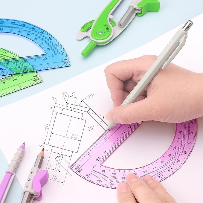 ZZTX Compass and Protractor Set for Geometry, 180-Degree Protractor and Compass for Students, Math Drawing Tools, 3 Colors