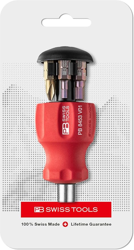 PB Swiss Tools Bit Holder Screwdriver PB 8453.V01 | 100% Swiss Made | Stubby Screwdriver with Sliding Magazine, 6 Bits C6 1/4" Slotted/Philipps/Hexagon and Magnetic Bit Holder