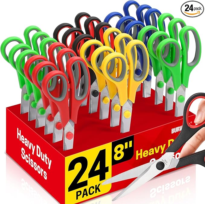 BURVAGY 24-Pack 8" All Purpose Heavy Duty Sharp Scissors Bulk for Office School Home Stainless Steel Blades Safety Soft Grip Handles,Right/Left Handed Scissors