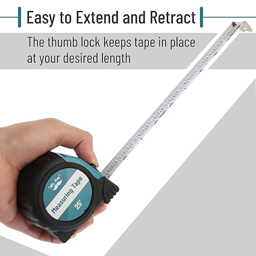 Mr. Pen- Retractable Tape Measure 25 ft, Teal & Black, Easy Read, Steel Retractable Measuring Tape with Fractions, Ideal for Construction & DIY Projects
