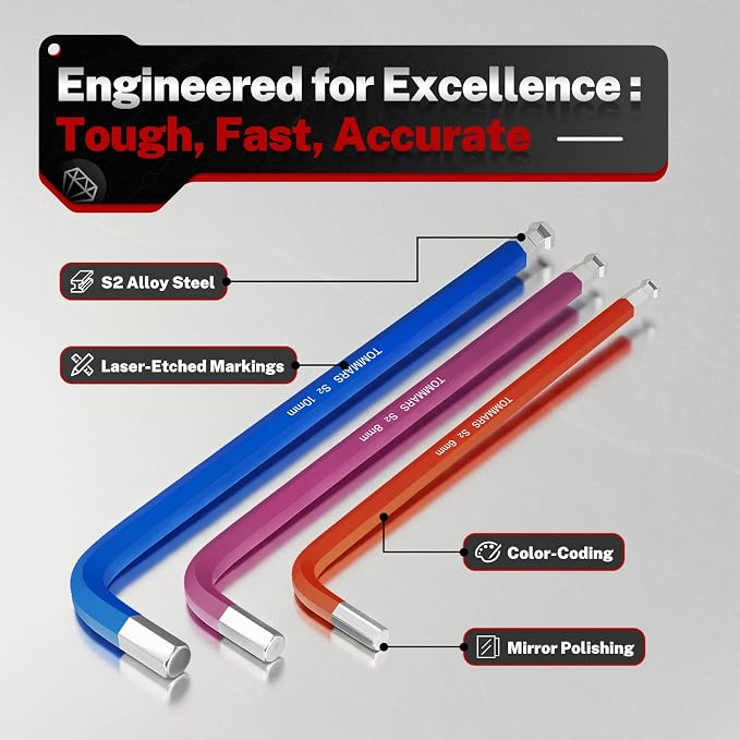 TOMMARS 26-PC Allen Wrench Set, Magnetic Ball End, T-Handle & Color Coded | Extra Long Arm, S2 Steel, SAE(0.05-3/8"), Metric(1.27mm-10mm), Hex Key Set