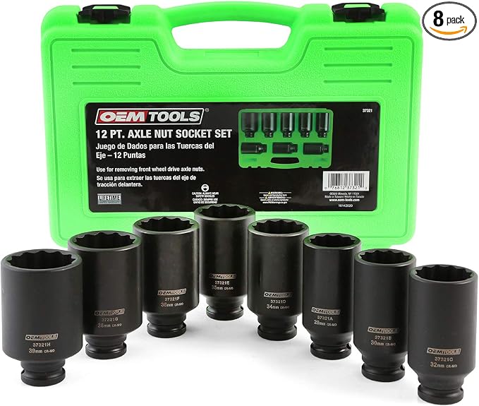 OEMTOOLS 37321 8-Pc 12 Point 1/2 Inch Drive Axle Nut Socket Set with Case | 1/2" Drive Impact Set 29mm-39mm, Cr-Mo Steel Metric Socket Set, Precision-Machined Deep Impact Sockets, Black Oxide Finish