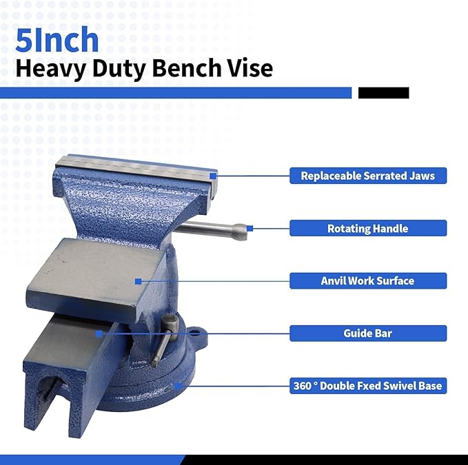 Nakkaa 5" Bench Vise Ductile Cast Iron Bench Vise with 360° Flexible Swivel Locking Base Heavy Duty Home Work 5 Inch Bench Vice 16.4IB/7.4KG