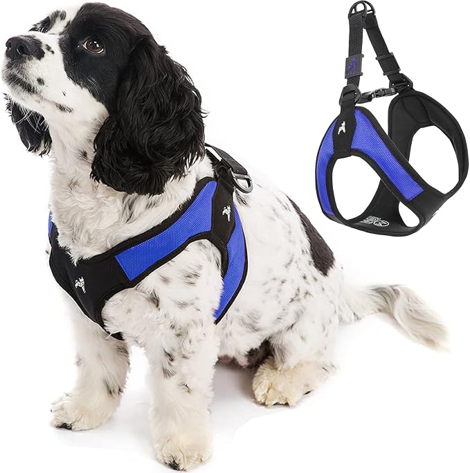 Gooby Escape Free Easy Fit Dog Harness, Step-in, Blue, Large | Patented escape-free frame; Contracts if they back out; Step-in easy on/off; Machine washable; Light POM leash ring