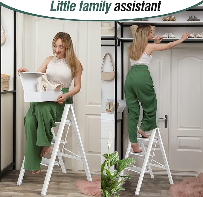 HBTower 3 Step Ladder, Aluminum Ladder, Folding Step Stool for Adults, 330LBS Capacity Sturdy& Portable Ladder for Home Kitchen Library Office, White