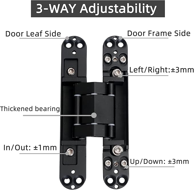 4-Pack 6 inch Hidden Door Hinges Heavy Duty Black, Invisible Concealed Hinges Zinc Alloy 6''x 2.5''x1Inch, Concealed Hinge 180 Degree Swing Hinge, 3 Way Adjustable with Pins and Screws