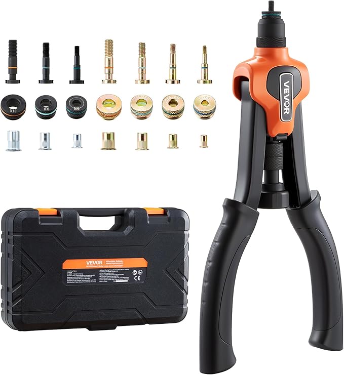 VEVOR Rivet Nut Tool Kit, 14-Inch Two-Handed Rivnut Tool Kit, with 7 Mandrels and 70 Nuts, Metric and SAE Size M6, M8, M10, 10-24, 1/4-20, 5/16-18, 3/8-16 UNC, with a Carrying Case, for Home, Auto