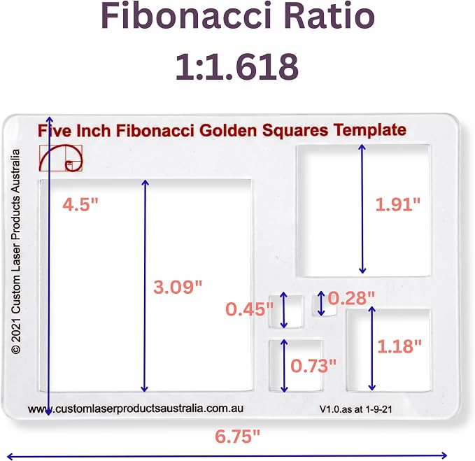 Fibonacci 5" Square Drawing Template, Golden Ratio Stencil | Australian Designed and Made; Geometric Stencil for Art; Drafting and Quilting; PETG