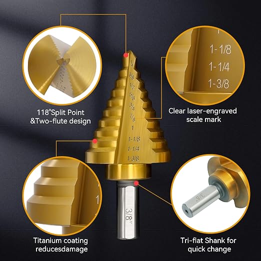 Step Drill Bit Set for Metal- 5PCS Titanium 4241 HSS Step Bit with Two Straight Flutes, 50 Sizes from 1/16" to 1-3/8" for Aluminum, Wood & Plastic, Unibit for Electricians & DIY