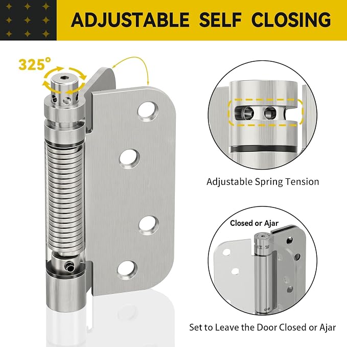 4 Pack Self Closing Door Hinges, 4 Inch Spring Loaded Door Hinges for Garage, Front, Back Door, Left/Right Hand, Adjustable Tension, 5/8'' Radius Corners, UL Listed, Brushed Nickel
