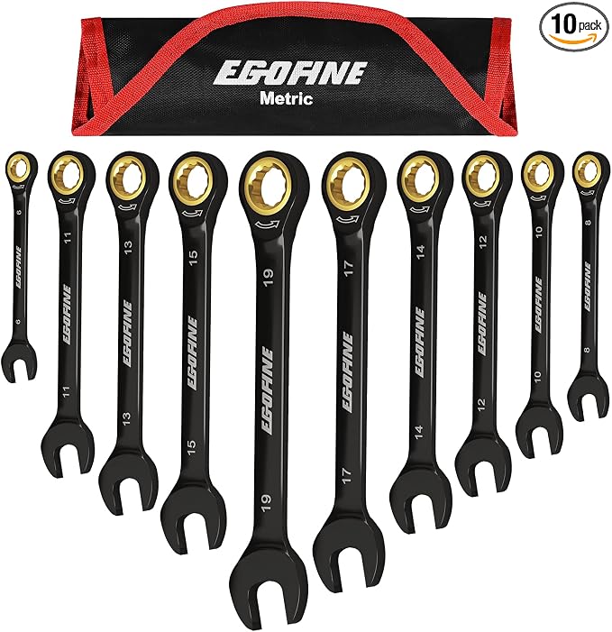 Egofine Ratcheting Wrench Set 10 Piece, Metric Wrench Set, CR-V Steel 6-19mm Wrench, 72-Teeth Combination wrench set, Black Electrophoretic Coating Ratchet Wrenches Set with Tool Roll Bag