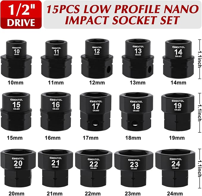 EMENTOL 15PCS 1/2" Drive Low Profile Nano Impact Socket Set, 1/2-Inch Drive stubby sockets, Metric, 10mm-24mm, CR-MO
