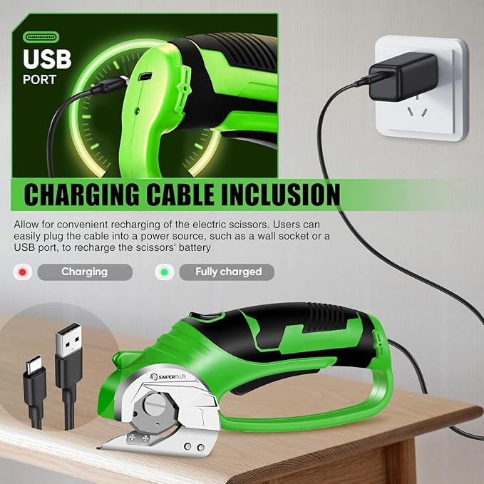 SakerPlus Cordless Electric Scissors,4V Rechargeable Cardboard Box Cutter Heavy Duty Fabric Scissor with Safety Lock & LED Light,Power Rotary Cutter for Leather Carpet Plastic Cutting,Sewing,Crafting