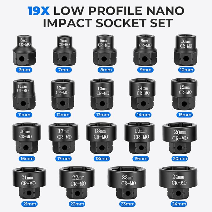 19-Piece 3/8" Drive Low Profile Nano Impact Socket Set, 6-24mm, Metric | Low Profile Desige, 6-Point Grip, Cr-Mo steel, Laser-Etched Markings, for Automotive, Bicycle & Industrial, Storage Case