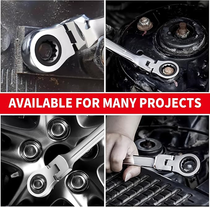 WISEUP Ratchet Wrench, 12mm Flex Head Ratcheting Wrench | CR-V Anti-slip Labor-saving, 2 in1 Industrial Wrench, Mechanic Automotive Tools
