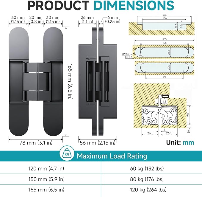 6.5" Hidden Door Hinges, Invisible Concealed Hinges, 180° Swing Adjustable Butt Hinge, Silent Operation, Ideal for Secret Rooms, Bookcase Doors & More (Black, 2 Pack)