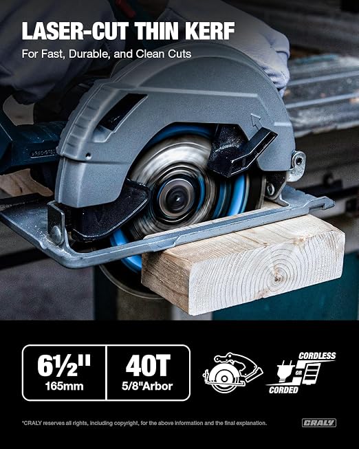 CRALY 6-1/2 Inch 40 Teeth Fine Finish Wood Cutting Circular Saw Blade, 5/8 Inch Arbor, Carbide Tipped, Thin Kerf, Black Ice™, for Plywood, MDF, OSB, Laminated, 2-Pack(C0640FF-2)