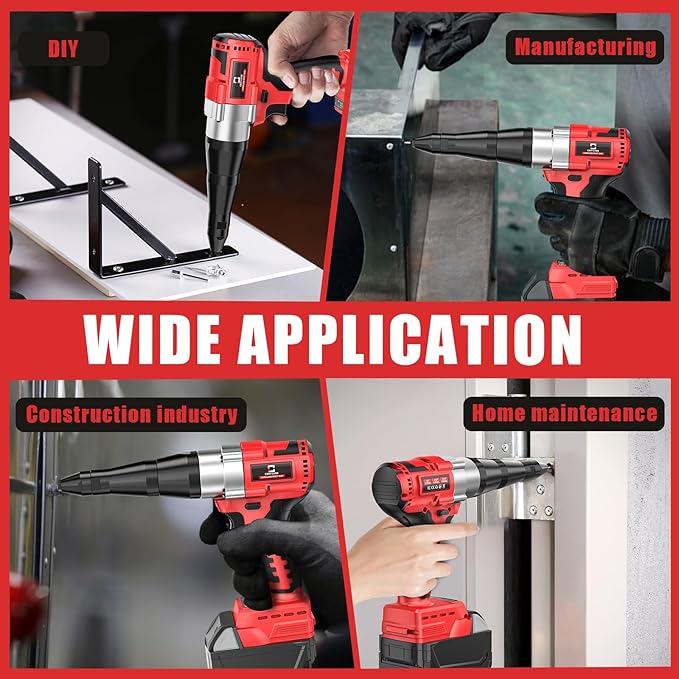 Cerycose Cordless Rivet Gun Kit Compatible with Milwaukee 18V Brushless Electric Riveters Gun Tool with 3-Size Steel Rivets(1/8"-5/32"-3/16") LED Light & Nose Piece (Bare Only)