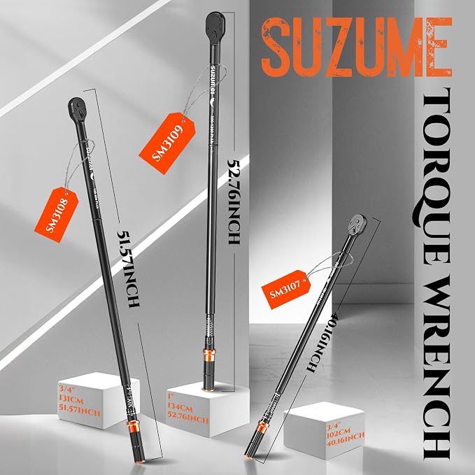 SUZUME 3/4 Torque Wrench (100-650 Ft.Lb/ 135.6-881.4 N.m) ±3% Accuracy Dual-Scales Loud Click Cr-V Steel Torque Wrenches for Truck, Industrial Machinery