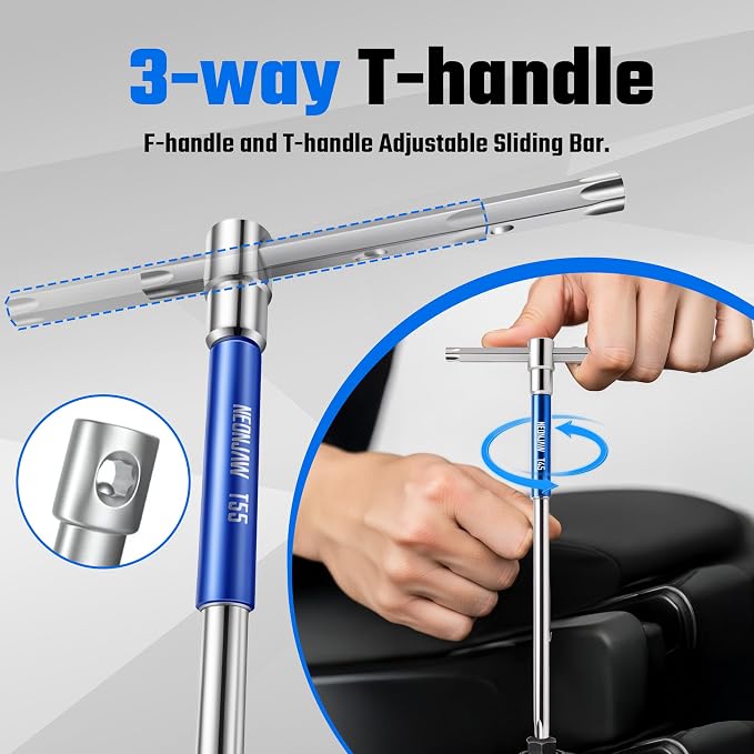 10pcs T-Handle Torx Allen Key Wrench Set T55 T50 T45 T40 T30 T27 T25 T20 T15 T10 with 3-Way Sliding Handle, Spinning Sleeve, Steel Storage Rack for DIY, Mechanics, Blue