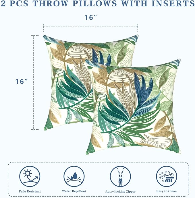 LVTXIII Outdoor Throw Pillows 16x16 Inch, Set of 2 Square Decorative Pillows with Inserts for Patio Furniture, Porch Chair, Garden Sofa, Lush Leaf Green