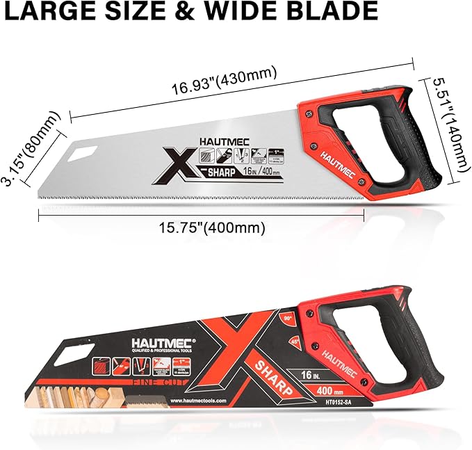 HAUTMEC X-Sharp 16" Pro Hand Saw for Wood Cutting & Woodworking, 11 TPI Crosscut Handsaw with Triple-Ground Teeth, Fine Cut Saws for PVC, Plastic & Trees