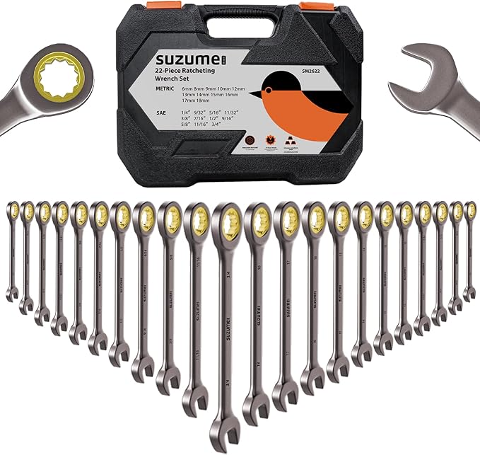 SUZUME 22-Piece Ratchet Wrenches Set Metric & SAE for Auto Car Moto Bike | 6-18mm & 1/4”-3/4” CR-V 72-Tooth with Organizer Box Combination Wrench Sets for Workshop Stubborn Fastener Mechanic DIYer