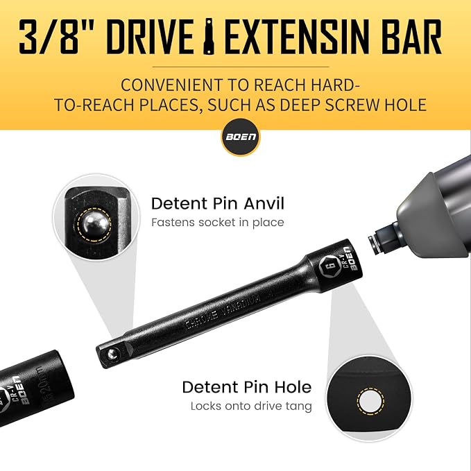 BOEN 3/8" Drive Deep Impact Socket Set, 18 Piece Metric Socket Set 8mm to 22mm, Includes 6", 10" Extension Bars, Universal Joint, 6 Point Design, Cr-V Steel, Heavy Duty Storage Case