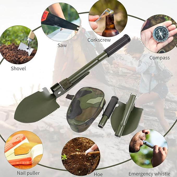 Military Small Folding Camping Shovel, Mini Compact Pickaxe with Carrying Pouch for Gardening, Off Road, Hunting, Car Emergency, Remove Ice (Military Green)