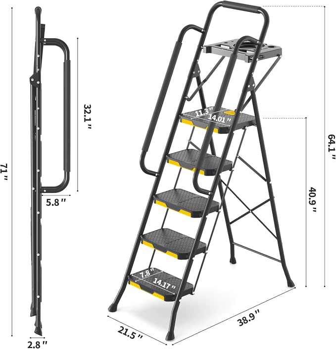 KINGRACK 5 Step Ladder, Sturdy Steel Step Stool with Anti-Slip Wide Pedals, Handrail, Safe-Lock Design, 800lbs Folding Portable Ladder for Multi-Purpose, Home, Kitchen