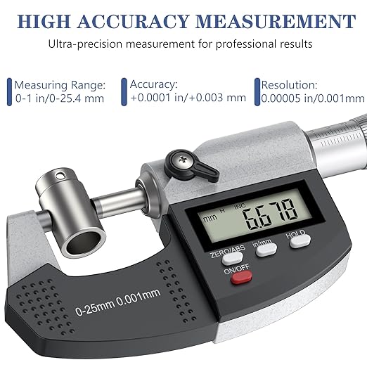 HDLKNAK Dual-Mode Micrometer, Digital Outside Micrometer Precision Measuring Tool, 0-1"/0-25 mm, Inch/Metric 0.00005"/0.001 mm, Machinist Thickness Gauge Tool, Large LCD Display with Protective Case.