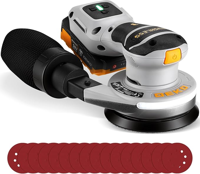 Cordless Orbital Sander: DEKOPRO 20V 5Inch Brushless Orbital Sander, 6000-12000RPM Electric Plam Sander Tool with Battery, Charger, Sanding Discs,Dust Box & Dust Pipe for Woodworking
