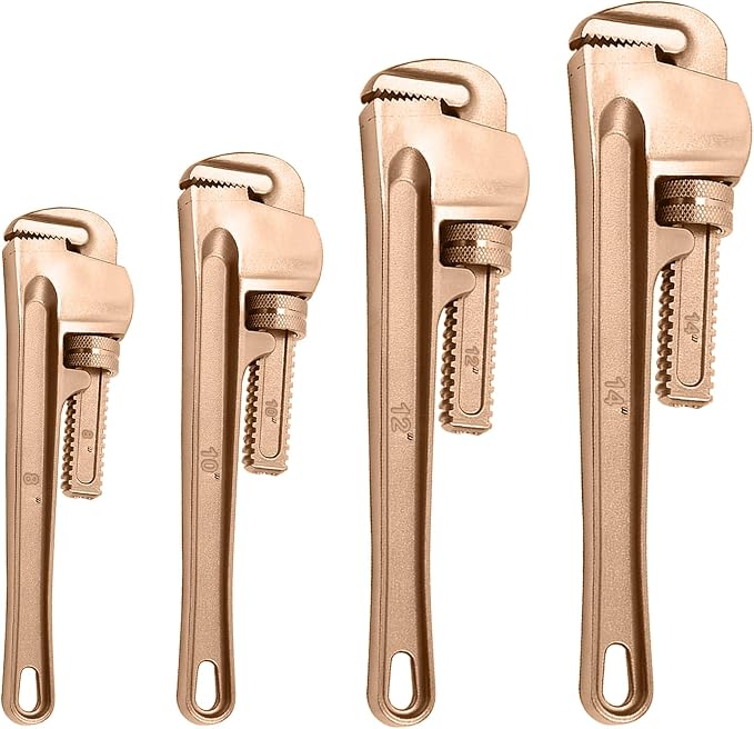 WEDO Non-Sparking Pipe Wrench Set,8" 10" 12" 14",4PCS Spark-Free Straight Plumbing Wrench Set, No Spark Safety Adjustable Spanner, Beryllium Copper,Non-Magnetic,Corrosion Resistant,DIN/BAM/FM Standard