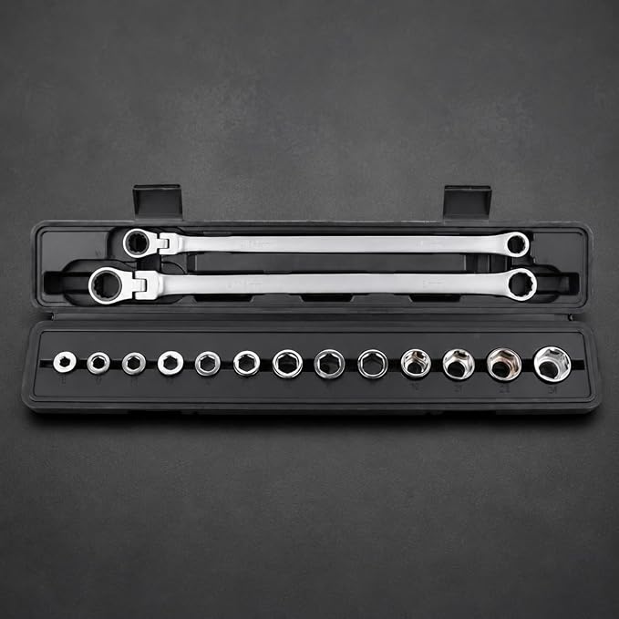 Ratchet Wrench Assembly Socket Set Tool Kit Hand Tools Tools Steel Resistant Finish Organized Case suitable for workshop tasks garage repairs daily, 15-Piece Flexible Head Ratchet Wrench Set