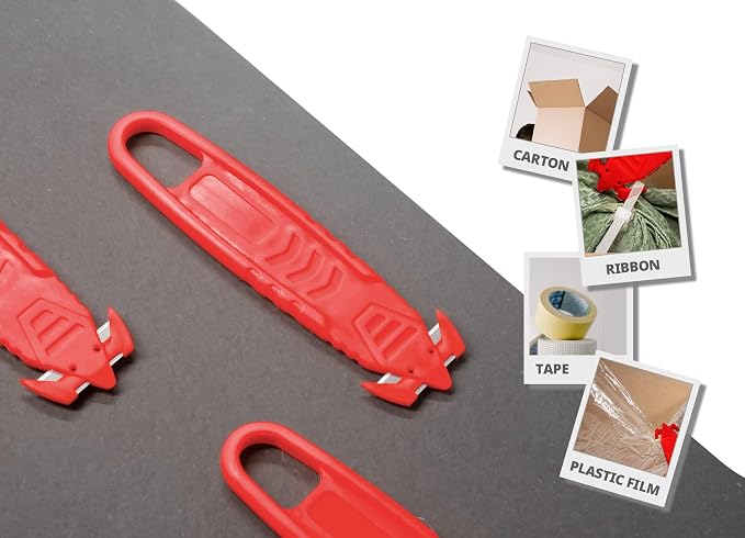 T TOVIA Safety Box Cutter Knife of Recessed Concealed Stainless Steel Blade, Package Opener Plastic Cutter for Box, Carton, Shrink Wrap, Plastic Straps,10pcs RED
