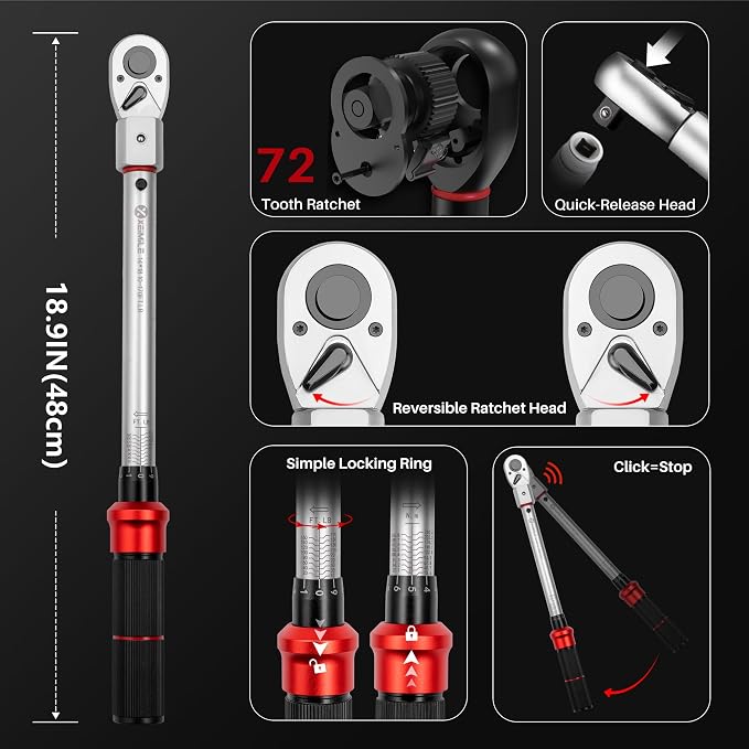 Adjustable Open End Torque Wrench 1/2" Drive-10-170 Ft-Lb for HVAC | 40MM 1/2 Inch Pound Torque Wrench(13.6-230.5Nm), Interchangeable Jaw&Ratchet Head for Car, Moto, Narrow Pipeline