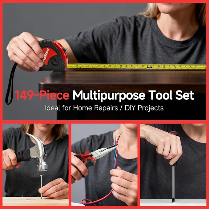 PULITUO 149-Piece Home Drill Set with 12V Red Cordless Drill, Hand Tools, Tool Box for Women, Men, DIY Enthusiasts for Home Improvement.