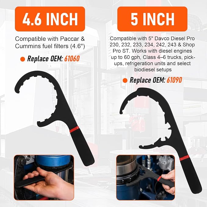 4-Piece Fuel Filter Wrench Set - 4.6/5/6/8 Inch | High Carbon Steel Heavy-Duty Tools for Diesel Fuel Filter Removal, Fits Detroit, Navistar, Peterbilt & Cummins Diesels