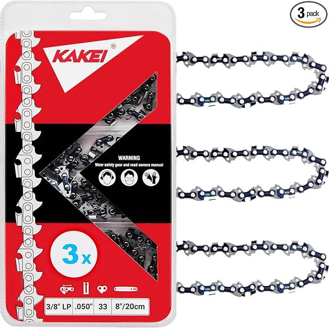 KAKEI 8 Inch Chainsaw Chain 3/8" LP Pitch .050" Gauge 33 Drive Links Fits Portland, Greenworks, Kobalt, Remington, Sun Joe and More- S33 (3 Chains) - Semi Chisel