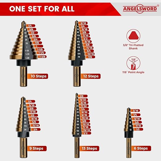 ANGELSWORD Step Drill Bits, 50 Sizes, 5PCS HSS Titanium Coated Step Drill Bit Set for Plastic, Aluminum, Copper, Sheet Metal, with Aluminum Case