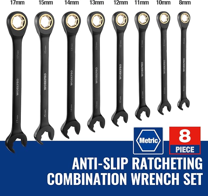 WORKPRO 8-piece Anti-Slip Ratcheting Wrench Set with Quick-Slide Open End | For Mechanics and DIYers, 72-teeth Cr-V Combination Wrenches with Quick-slide Open End for Automotive and Garage Repairs